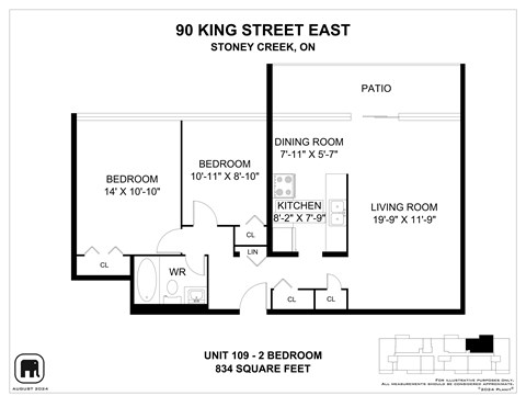 A floor plan for a home at 90 King Street East shows the layout of the bedrooms, living room, kitchen, dining room, and patio.